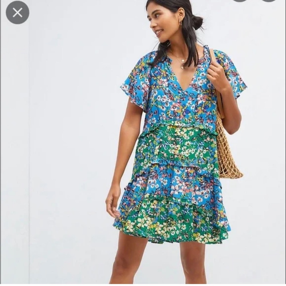 Anthropologie M floral blue/green dress